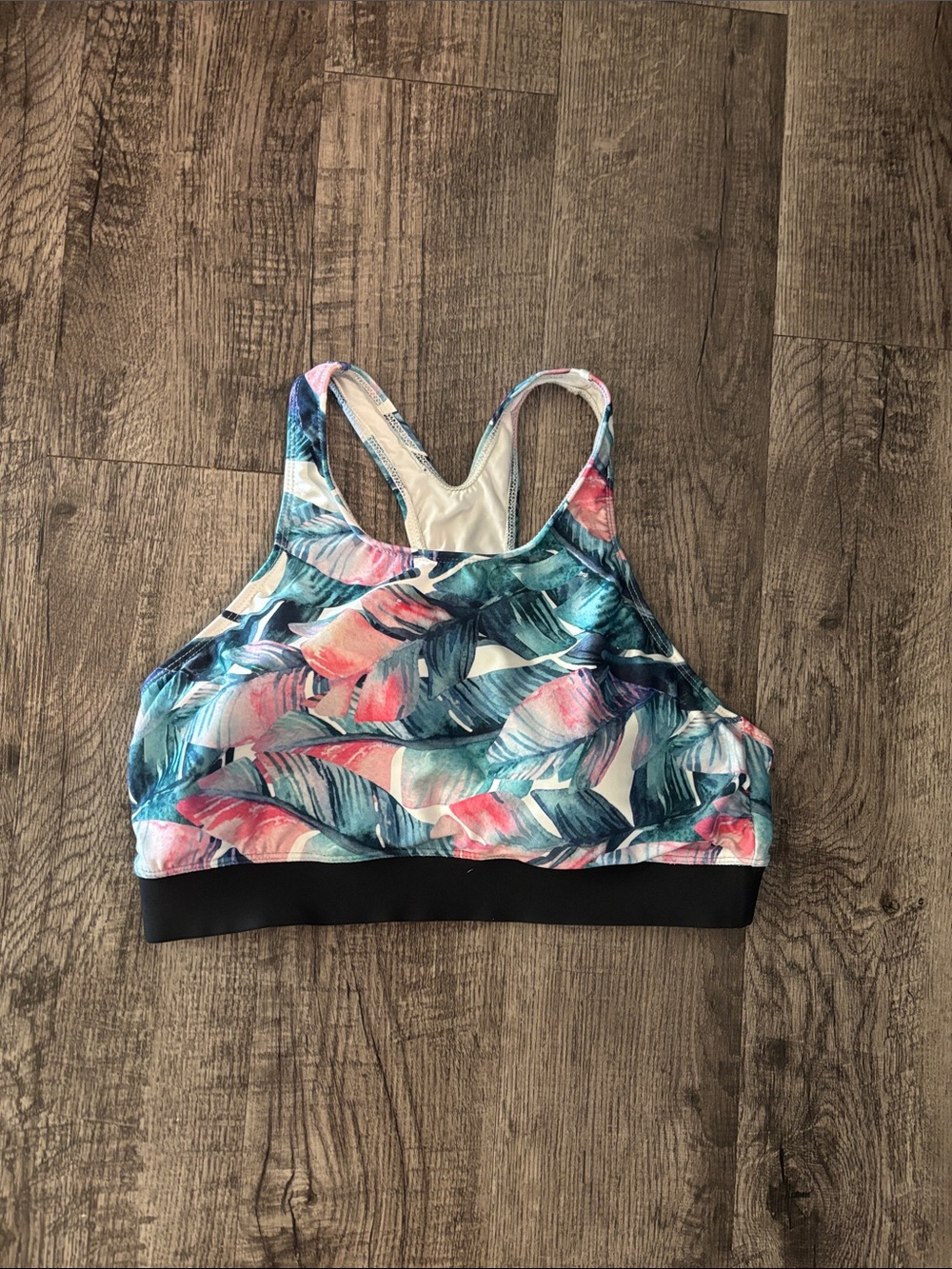 next High-Neck Swim Top - Blue, Pink & Black Tropical Print - Size Large